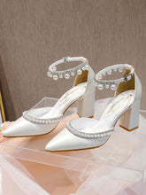 Talons hauts à bloc avec perles et diamants, bride cheville élégante