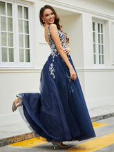 Robe Appliquée en Tulle Dentelle à Col en V Plongeant Bleu Marine
