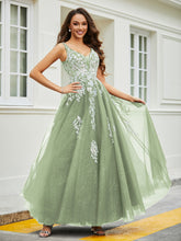 Robe Appliquée en Tulle Dentelle à Col en V Plongeant Sauge Poudrée