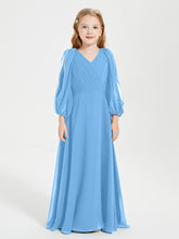 Robes de Demoiselle d'Honneur Junior à Manches Longues Modestes Bleu
