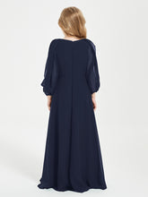 Robes de Demoiselle d'Honneur Junior à Manches Longues Modestes Bleu Marine