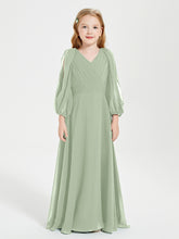 Robes de Demoiselle d'Honneur Junior à Manches Longues Modestes Sauge Poudrée