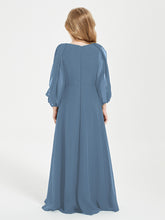 Robes de Demoiselle d'Honneur Junior à Manches Longues Modestes Bleu de Schiste