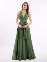 Profond Col En V Mousseline Robe Avec Ceinture Nœud Olive Verte
