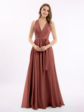 Profond Col En V Mousseline Robe Avec Ceinture Nœud terracotta