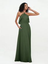 Licou Bretelle Robes de Demoiselle d'Honneur Longues en Mousseline Olive Verte