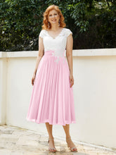 Col en V Mousseline Robe avec Bustier Appliqué Ivoire Rose Bonbon