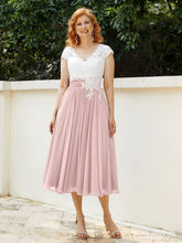 Col en V Mousseline Robe avec Bustier Appliqué Ivoire Rose Poudré