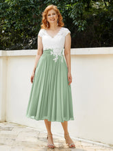 Col en V Mousseline Robe avec Bustier Appliqué Ivoire Sauge Poudrée
