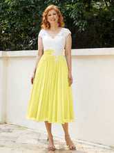 Col en V Mousseline Robe avec Bustier Appliqué Ivoire Citron