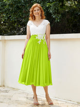 Col en V Mousseline Robe avec Bustier Appliqué Ivoire Vert Citron