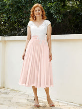 Col en V Mousseline Robe avec Bustier Appliqué Ivoire Rose Perle