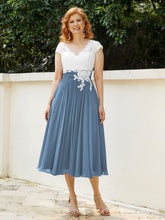 Col en V Mousseline Robe avec Bustier Appliqué Ivoire Bleu de Schiste