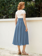Col en V Mousseline Robe avec Bustier Appliqué Ivoire Bleu de Schiste