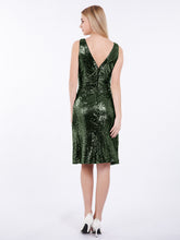 Col en V Courte Paillettes Dentelle Robe Olive Verte