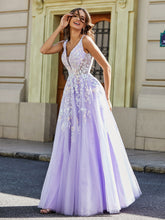 Robe Appliquée en Tulle Dentelle à Col en V Plongeant Lilas Grande Taille