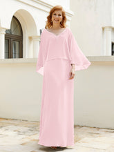 Robe de A-ligne en Mousseline à Col en V avec Volants Perlé en Cascade Rose Pâle
