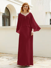 Robe de A-ligne en Mousseline à Col en V avec Volants Perlé en Cascade Bordeaux