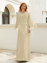 Robe de A-ligne en Mousseline à Col en V avec Volants Perlé en Cascade Champagne