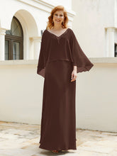 Robe de A-ligne en Mousseline à Col en V avec Volants Perlé en Cascade Chocolat