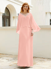 Robe de A-ligne en Mousseline à Col en V avec Volants Perlé en Cascade Corail