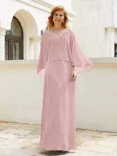 Robe de A-ligne en Mousseline à Col en V avec Volants Perlé en Cascade Rose Poudré