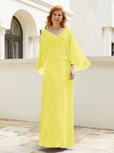 Robe de A-ligne en Mousseline à Col en V avec Volants Perlé en Cascade Citron