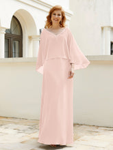 Robe de A-ligne en Mousseline à Col en V avec Volants Perlé en Cascade Rose Perle