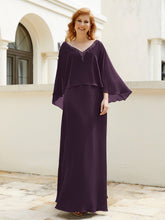 Robe de A-ligne en Mousseline à Col en V avec Volants Perlé en Cascade Plum