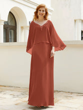 Robe de A-ligne en Mousseline à Col en V avec Volants Perlé en Cascade Rouille