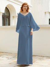 Robe de A-ligne en Mousseline à Col en V avec Volants Perlé en Cascade Bleu de Schiste