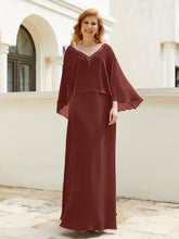 Robe de A-ligne en Mousseline à Col en V avec Volants Perlé en Cascade Terracotta
