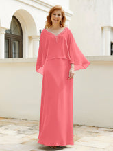 Robe de A-ligne en Mousseline à Col en V avec Volants Perlé en Cascade Pastèque