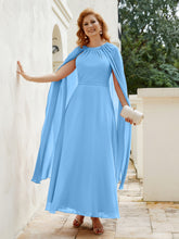 Robe de A-ligne à Col en Bijou Longueur de Mollet en Mousseline Bleu