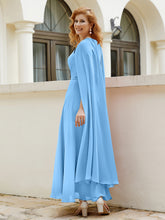 Robe de A-ligne à Col en Bijou Longueur de Mollet en Mousseline Bleu