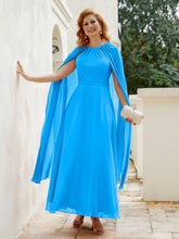 Robe de A-ligne à Col en Bijou Longueur de Mollet en Mousseline Bleu Océan