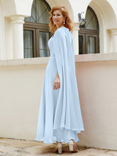 Robe de A-ligne à Col en Bijou Longueur de Mollet en Mousseline Bleu Ciel