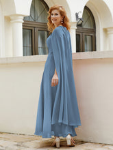 Robe de A-ligne à Col en Bijou Longueur de Mollet en Mousseline Bleu de Schiste