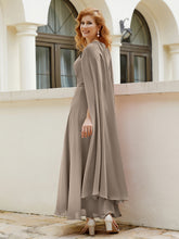 Robe de A-ligne à Col en Bijou Longueur de Mollet en Mousseline Taupe