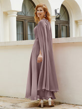 Robe de A-ligne à Col en Bijou Longueur de Mollet en Mousseline Vintage Mauve