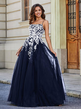 Robe en Tulle Dentelle Appliquée à Encolure Carrée Bleu Marine Grande Taille