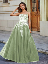 Robe en Tulle Dentelle Appliquée à Encolure Carrée Sauge Poudrée