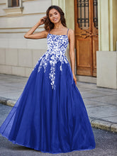Robe en Tulle Dentelle Appliquée à Encolure Carrée Bleu Royale