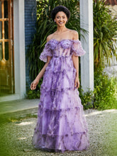 Robe en Tulle Plissée à Hors de l'Épaule avec Demi-Manches Lilas Grande Taille