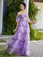 Robe en Tulle Plissée à Hors de l'Épaule avec Demi-Manches Lilas Grande Taille