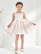 Robe de Fille Plissée à Col Carré Longueur aux Genoux avec Nœud Pétale Rose