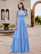 Robe Longueur au Sol en Mousseline à Encolure Carrée Bleu