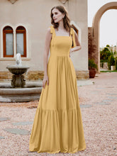 Robe Longueur au Sol en Mousseline à Encolure Carrée Or