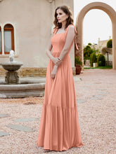 Robe Longueur au Sol en Mousseline à Encolure Carrée Papaye