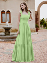 Robe Longueur au Sol en Mousseline à Encolure Carrée Sauge
